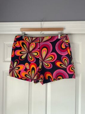 Trina Turk Corbin 2 Navy Multicolor Retro Floral High-Waist Shorts 14